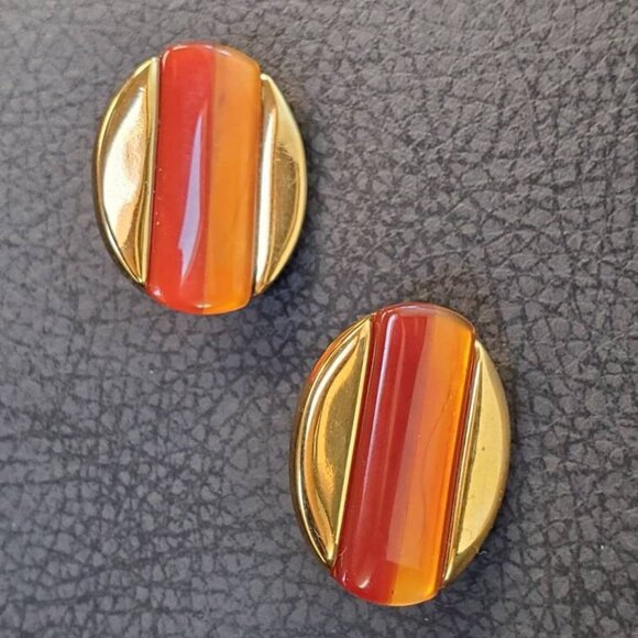 Signed Butler FAC Carnelian Clip on Earrings - Picture 2 of 10